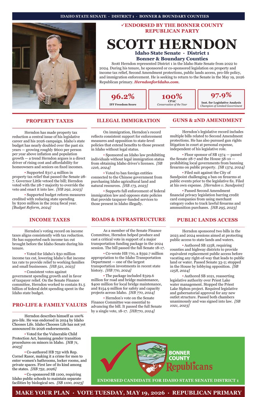 Bonner County Republican Central Committee voter guide, full-page endorsement of Scott Herndon, mailed to every household in Bonner and Boundary Counties